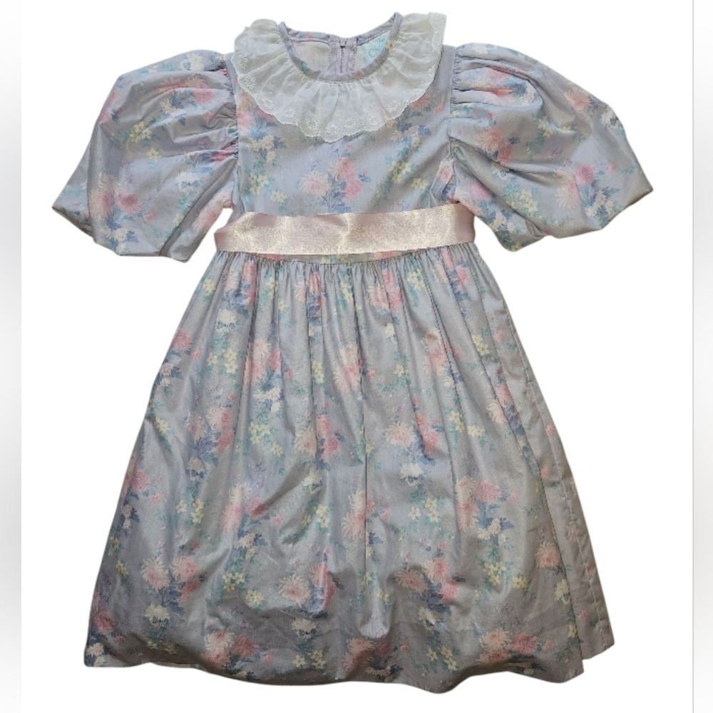 Vintage The Childrens Hour Puff Sleeve Girls Floral Dress Ribbon Waist 5 Easter
